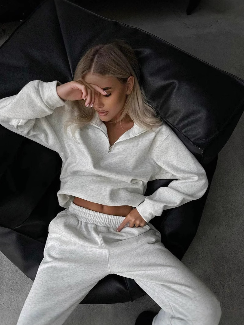 Autumn Women's Tracksuit With Zipper Cotton Oversize White Casual Two Piece Set Classic Sports Trouser Suits For Women
