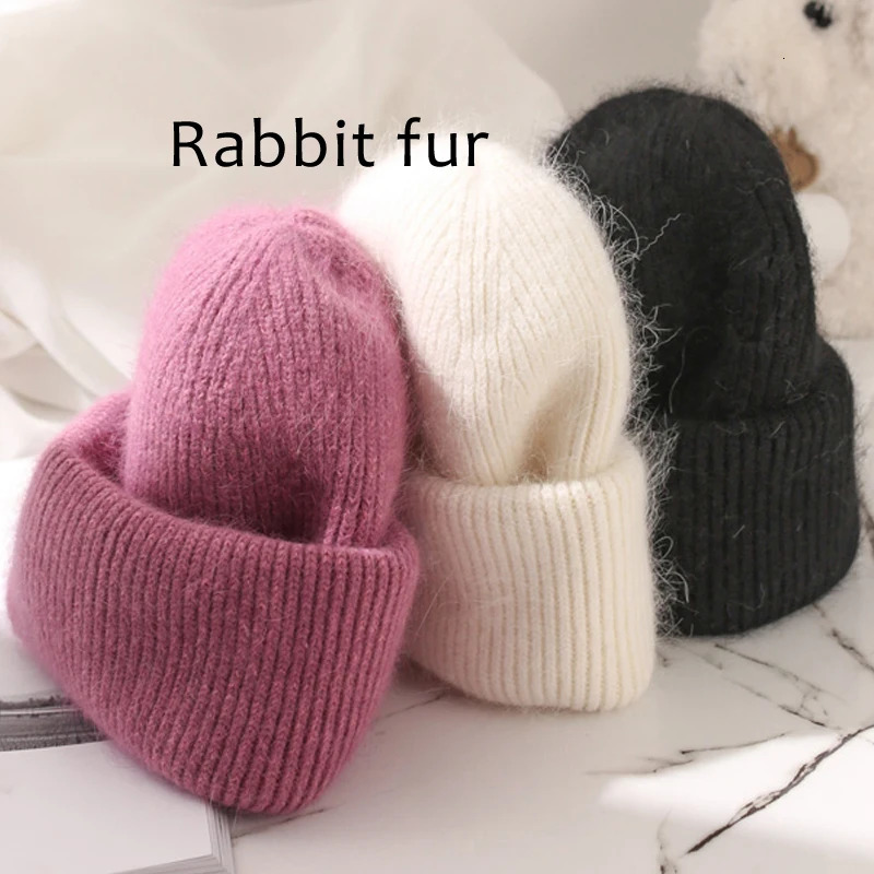 Fashion White Rabbit Fur Beanies Hat Womens Winter Soft Warm Knitted Hat Lady Korean High Quality Thicked Skullies Caps 241214
