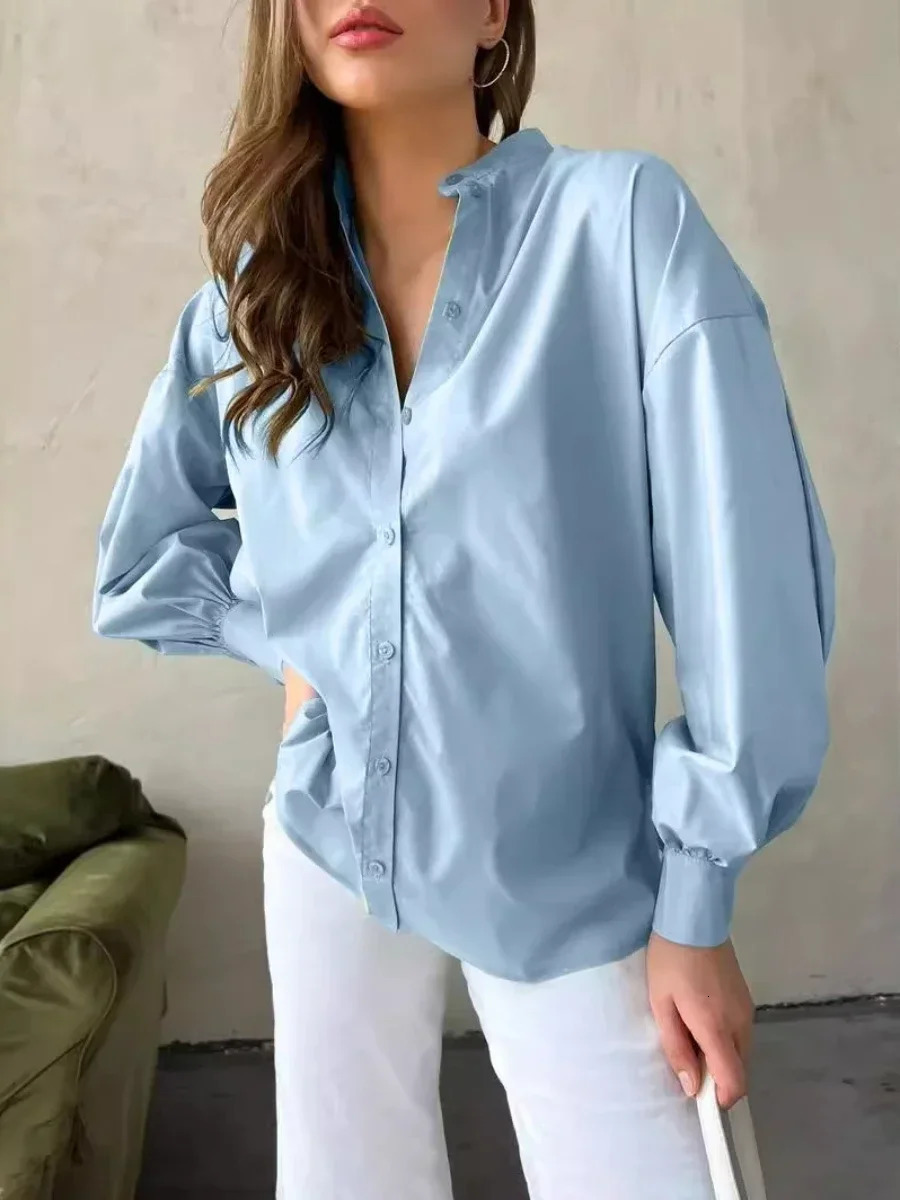 Bornladies Loose Oneck Women Stylish Shirts Spring Summer Lantern Sleeve Singlebreasted Female 100% Cotton Blouse Ladies Tops 241218