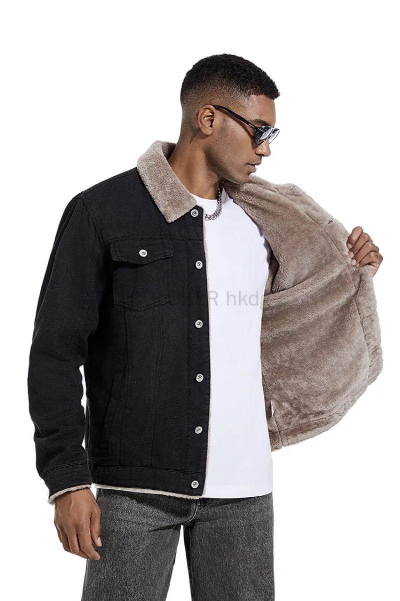 COLDKER Autumn Winter Fur Collar Jacket for Men Warm Thicken Fleece Mens Jeans Jacket and Coat Casual Fashion Denim Jacket Men 241220