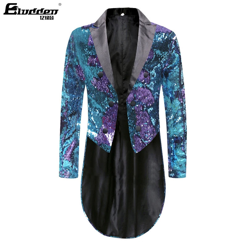 Mens Shiny double sided color Sequins Tuxedo Jacket Slim Fit Tailcoat Dress Coat Swallowtail Dinner Party Wedding Suit Jackets 241218