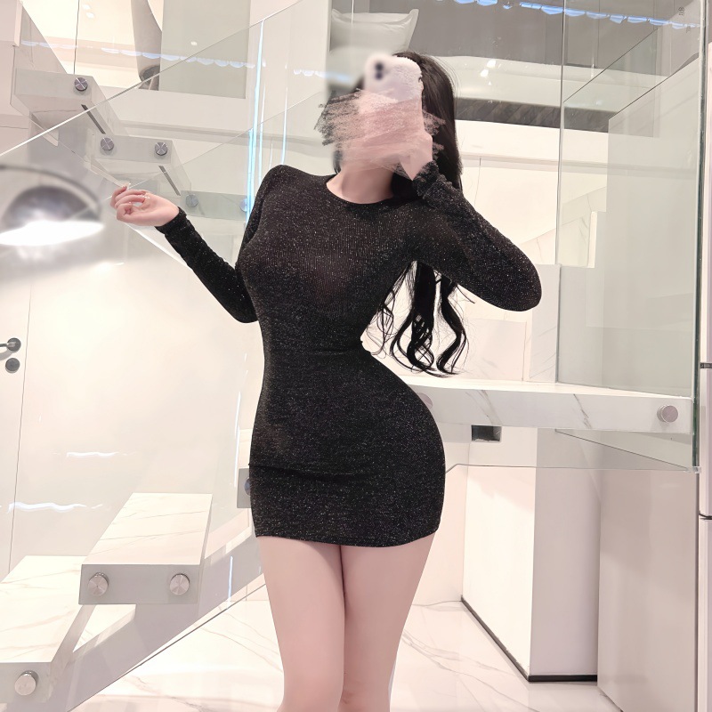 G9251 Shiny Silk Slim Fit Dress Hip-wrapped Long Sleeves