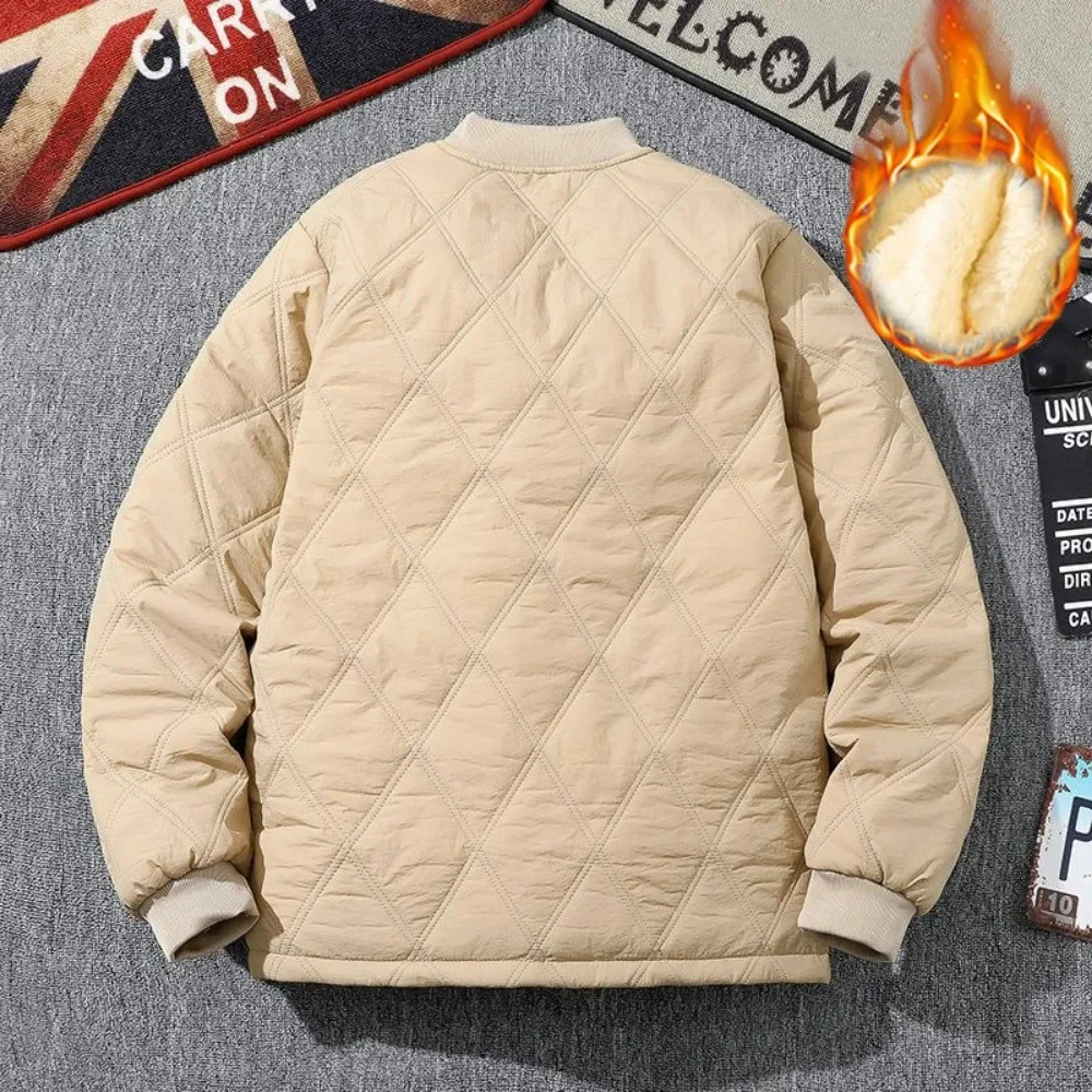 Men Winter Rhombus Cotton Padded Jacket Casual Thick Lambswool Lattice Streetwear Korean Coat Vintage Baseball Cold-proof Parka 241216