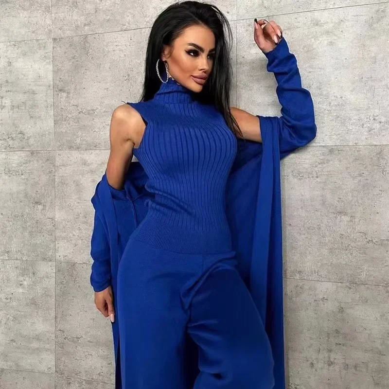 Winter Knitted Half High Collar Pulling Set Womens Casual Pants Loose Open Elegant Fashion SpringSummer 3 pieces 241211