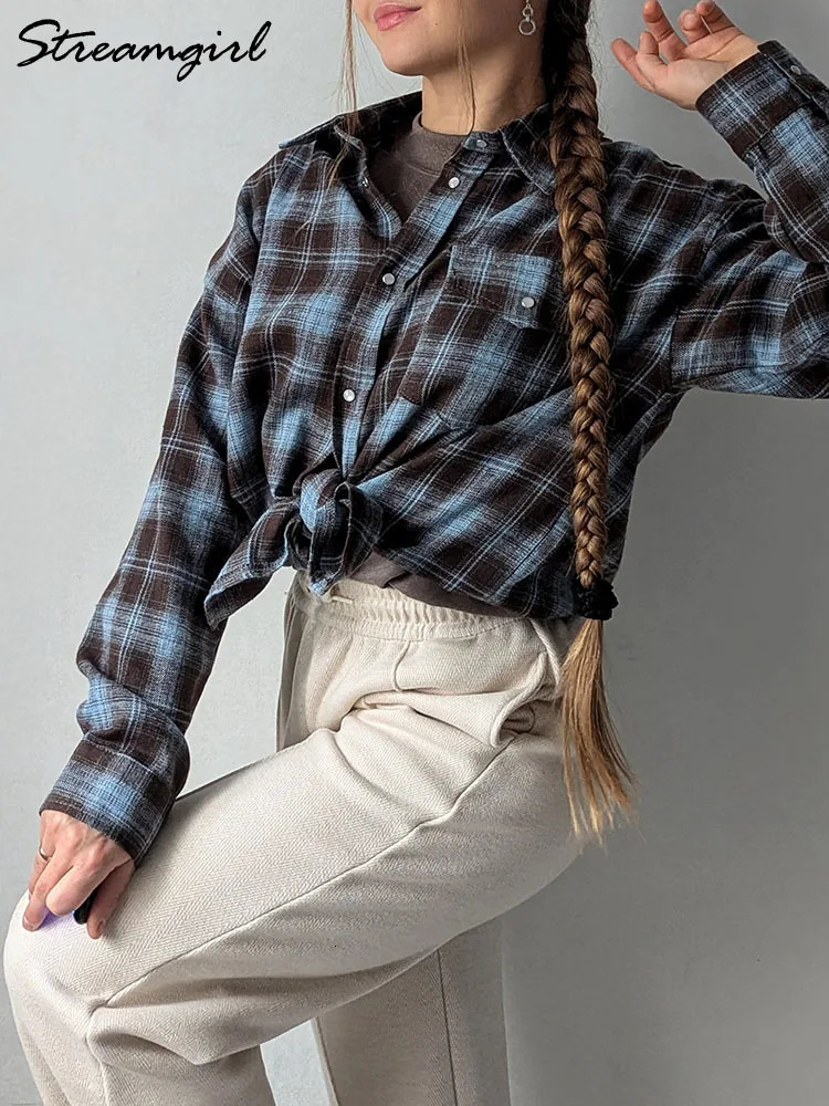 Plaid Oversized Shirts For Women Office Autumn Winter Loose Buttoned Shirt Pocket Long Sleeve Vintage Blouses 241218