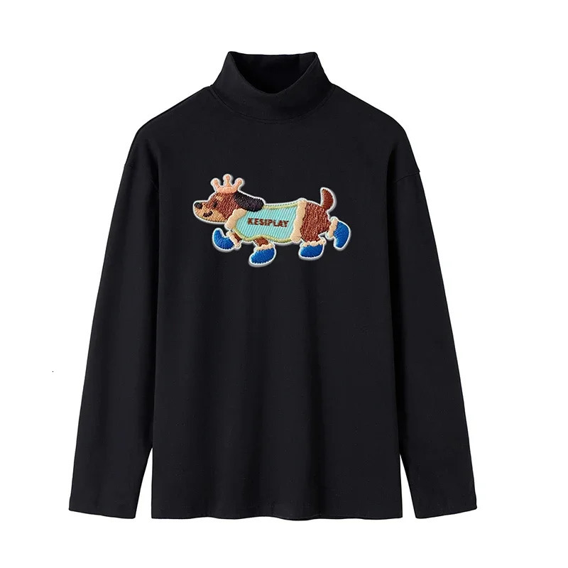 Korean Style ed Cartoon Puppy Long Sleeve TShirt Autumn Winter Half Turtleneck Bottom Shirt Men Women Knitted Top 241217
