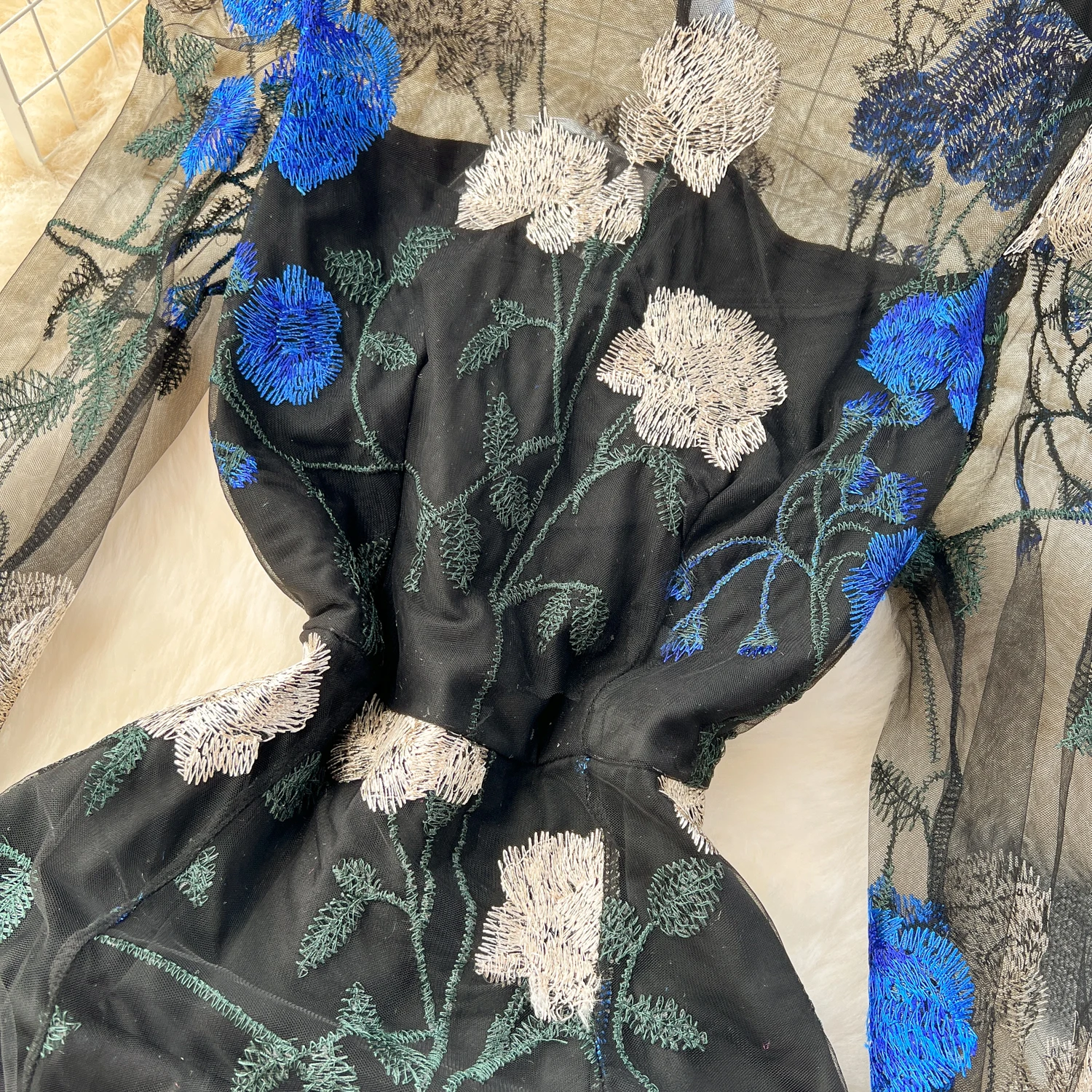Casual Dresses Sexy Gauze Embroidery Floral Slim Long Sleeve Dress Chic Elegant Vestidos Vintage Summer Spring Women Korean Fashion Dresses 2025