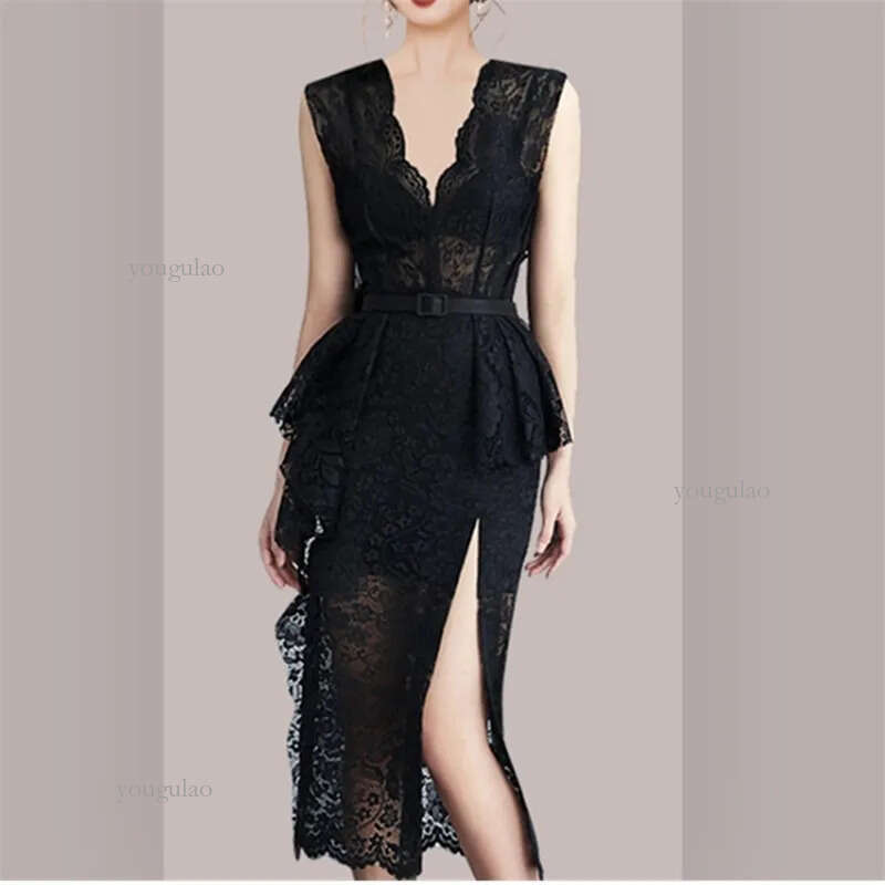 Elegant V-neck High Waist Women Black Lace Dress Vintage Ruffles Sexy split sleeveless Summer Female Party Vestidos 210520