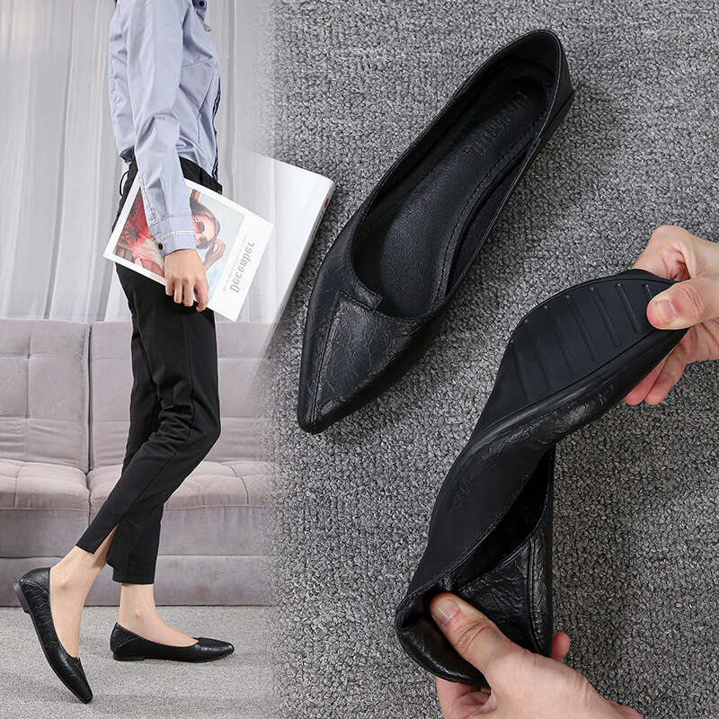 Work For Women, Black Flat Bottomed Soft Soled Front Desk Leather Shoes, Professional Work Interview, Hotel Anti Slip Flight Attendant Single Shoes
