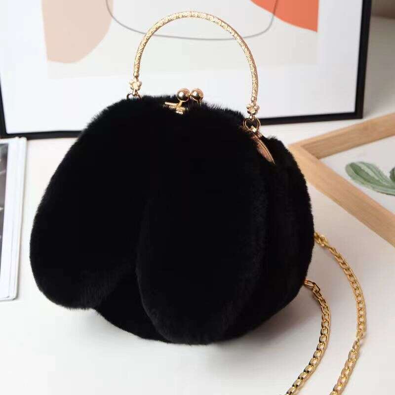 Plush shoulder for women's handheld crossbody chain mobile phone versatile and fashionable small round bag, rabbit ear clip buckle bag