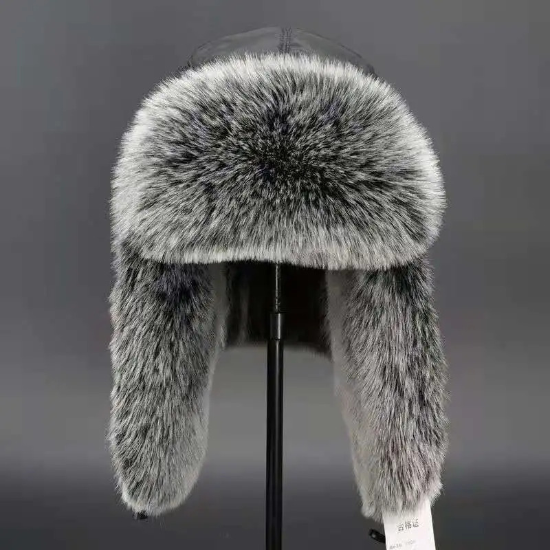 Artificial fox fur winter hat with ear flaps warm snow hat Russian thick hat bomber hat 241220