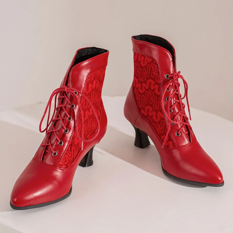 Womens Victorian Ankle Boots Leather Lace Heel Shoes Womens Fashion Lace Heel Splicing Womens High Heels 241213