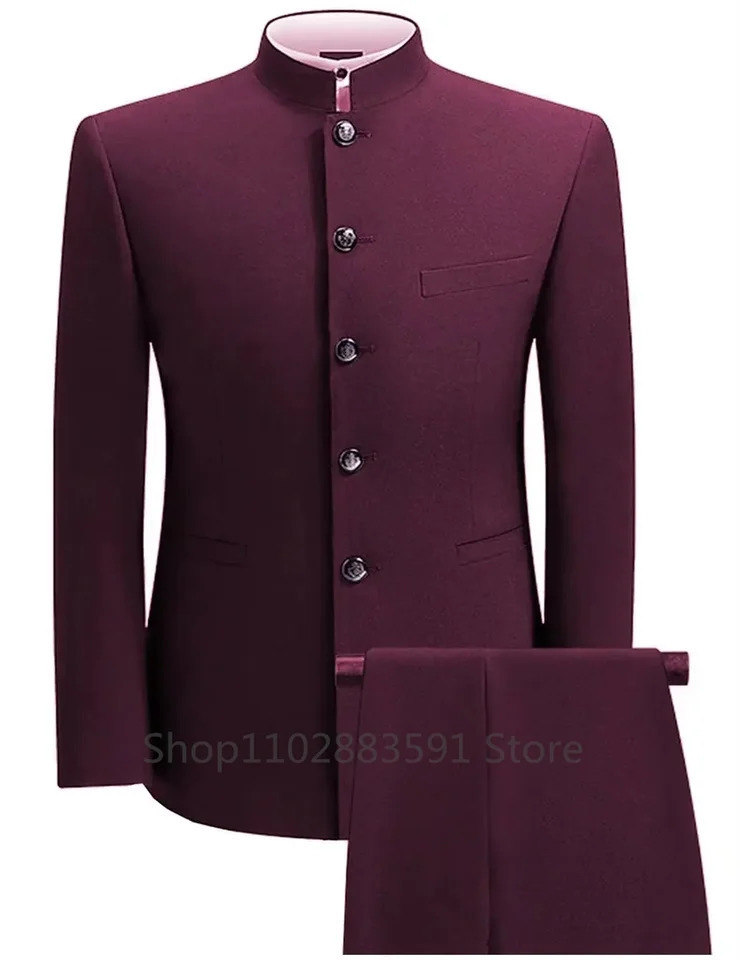 XS5XL Formal Mens Busines 2 Pieces BlazerPants Stand Lapel Pants 2024 Jacket Flat Suit Slim Fit Coat Groomsmen Party 241220