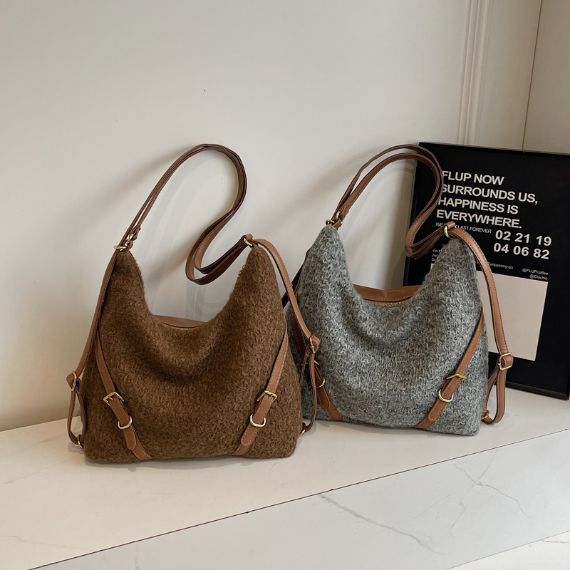 Bag Woolen Backpack, Large Capacity Tote Bag, Women's 2024 Winter New Fashion Trend, Underarm Commuting Versatile Shoulder Bag