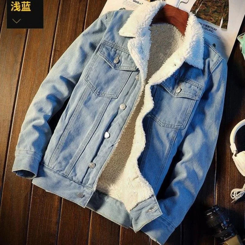 Autumn/Winter Fashion Trend Lamb Cashmere Denim Jacket Mens Casual Comfort Thick Warm High Quality Plus-Size Coat 3XL 241216