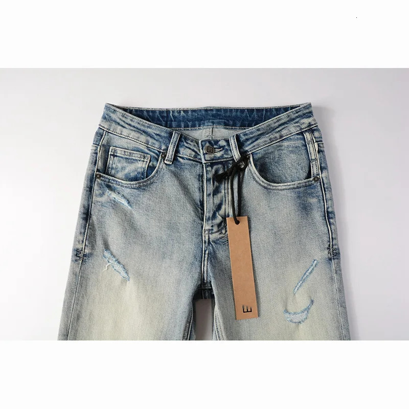 Mens Distressed Washed Light Blue High Street Skinny High Quality Ripped Jeans 241219