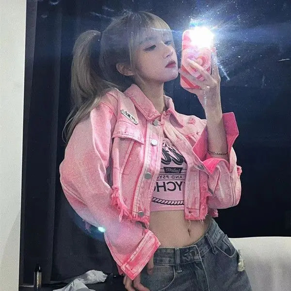 Womens short pink ripped denim jacket jeans top 241219