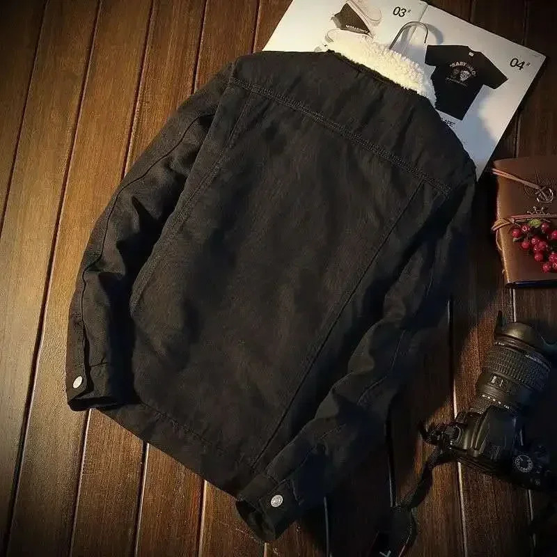 Winter fleece denim jacket for men thick and warm lamb fleece denim jacket for autumn and winter loose oversized cotton jacket 241216