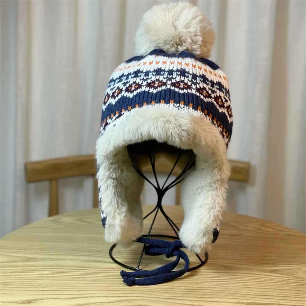 Winter Womens Warm Knitted Ski Hat with Earmuffs Cute Pom pom Plush Peruvian Hat Womens Fashionable Lei Feng Hat 241220