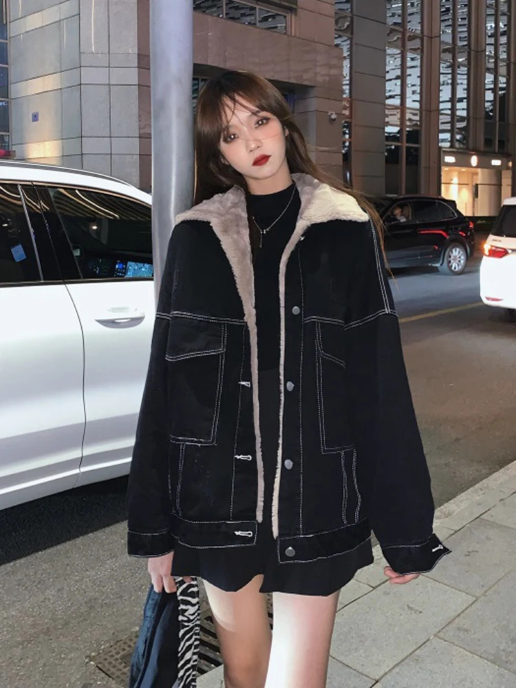 Korean Fashion Winter Womens Jacket Warm Collar Cowboy Thick Jacket Casual Work Clothes Cotton Pad Jacket Womens Top 241219