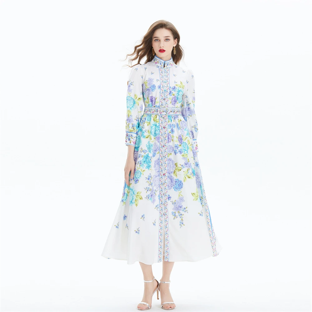New Women Dresses Casual Court Style Drseses Women 2025 Early Spring Autumn New Palace Flower Print Dress Long Sleeved Beach Waist Wrap Chic Vestidos