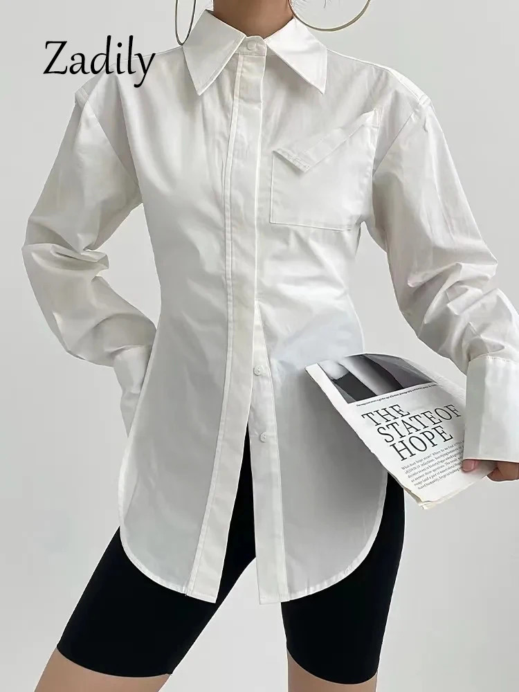 Zadily Summer In Streetwear Long Sleeve White Shirt Women Minimalist Pocket Button Up Ladies Tunic Blouse Female Tops 241218