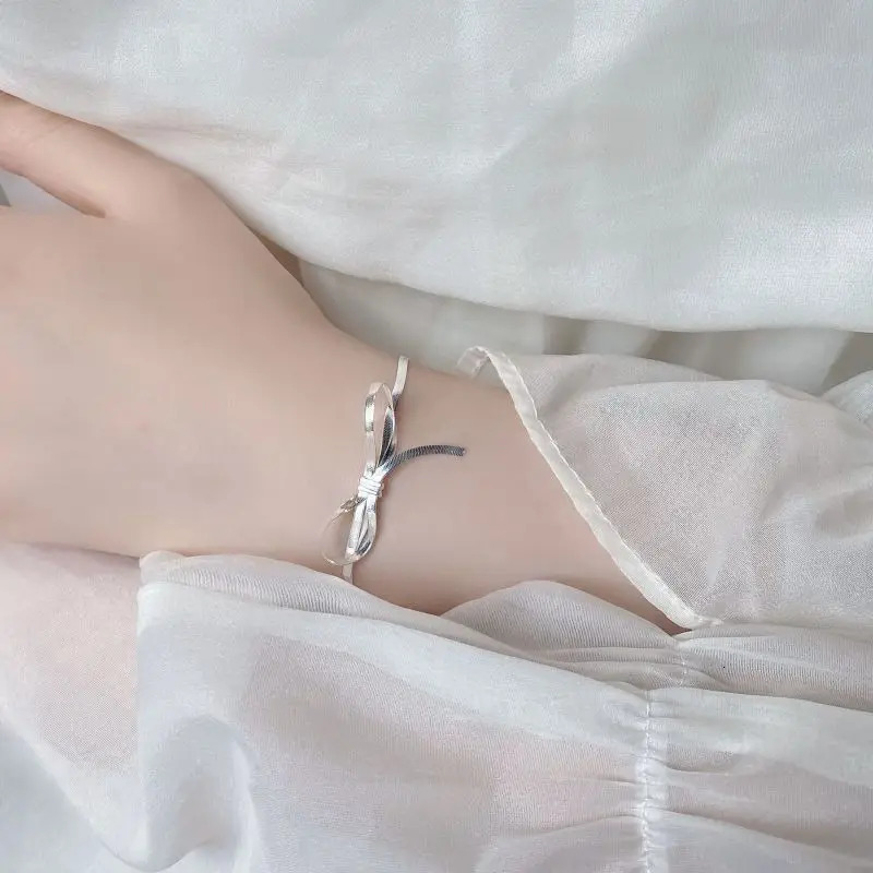 925 Sterling Silver Bowknot Shiny Chain Link Bracelets For Women Girl Cute Chic Sparkling Bracelet Party Gift 241220