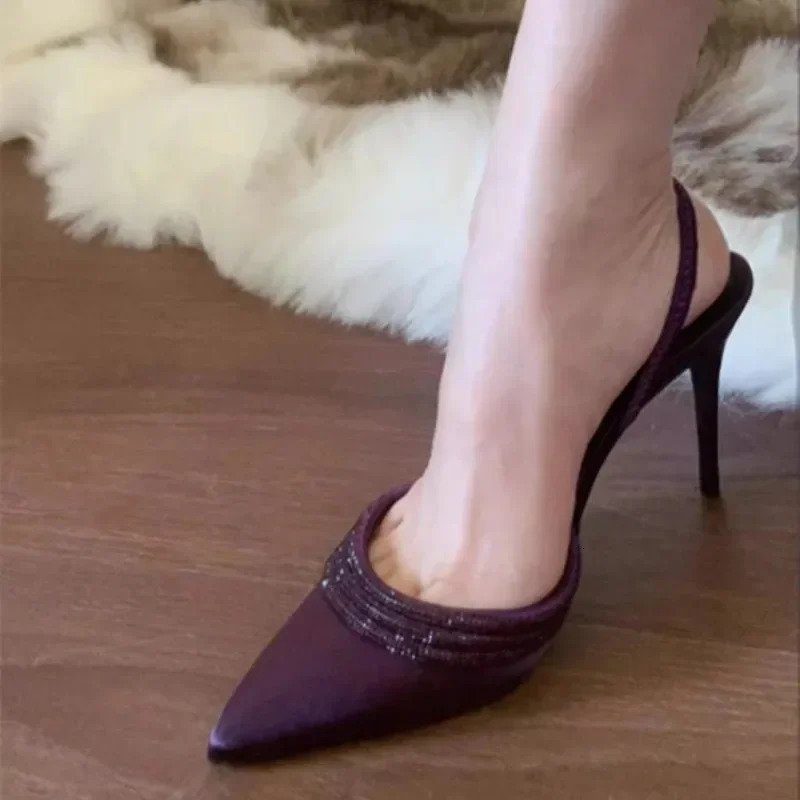 Womens High Heel Shoeslack Purple Satin Pointed Toe Pumps Women Stiletto Heels Sandals Slippers 241220