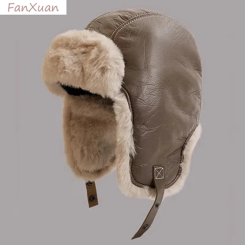 Winter mens pilot bomber trap hat artificial fur soft leather snow hat windproof Lei Feng hat with ear flaps 241220
