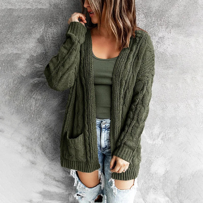 Solid pocket middle long solid Fried Dough Twists knitting cardigan coat autumn and winter sweater women 241220