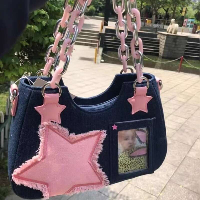 Y2K Vintage Shoulder Korean Fashion Underarm Haruku Star Tote Denim Bag Chain Ladies Bags Zip Purses Handbags Women