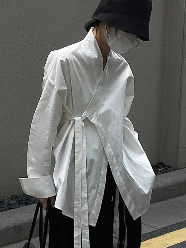 XITAO Solid Belt Shirts Woman Korea Spring Arrival Personality Fashion Loose Vneck Full Sleeve Casual FBB1679 241218