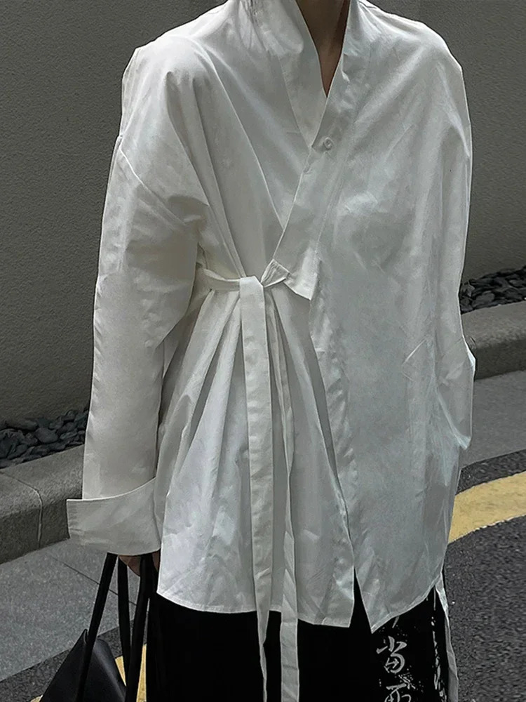 XITAO Solid Belt Shirts Woman Korea Spring Arrival Personality Fashion Loose Vneck Full Sleeve Casual FBB1679 241218