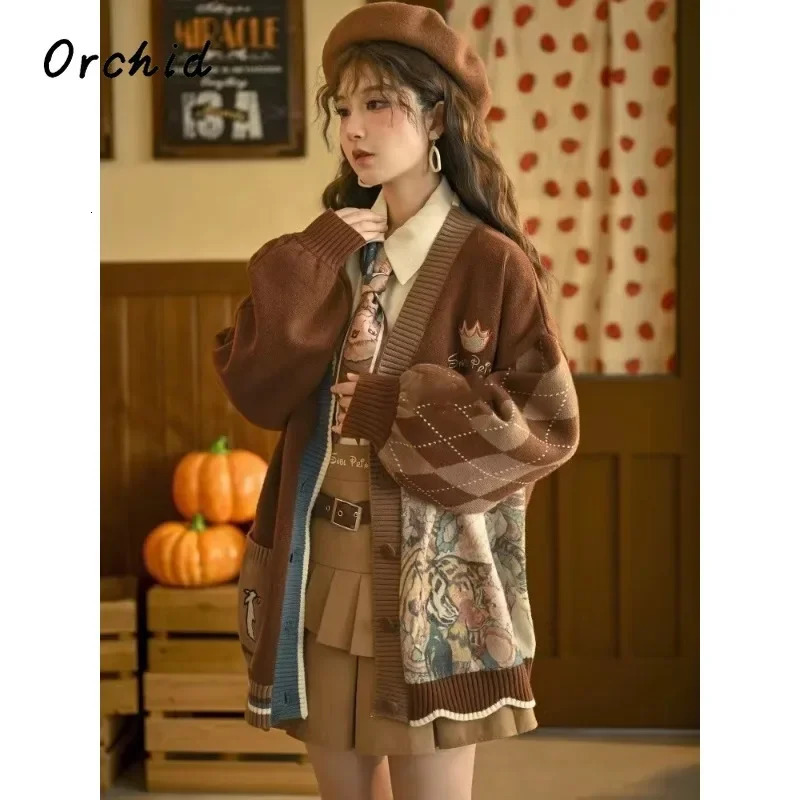 Stylish Vintage Oversized Cardigan Sweater Renaissance Style Loose Knitwear Harajuku Cartoon Knitted Coats Female Clothing 241220