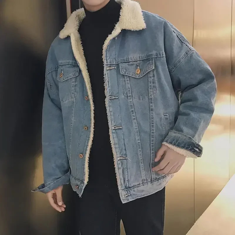 European and American Mens Winter Trendy All - Match Thickened Lamb Wool Casual Single - Breasted Denim Jacket M-XXXXL 241216
