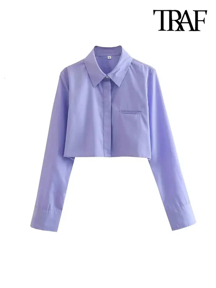TRAF Women Fashion Loose Cropped Shirts Vintage Long Sleeve Front Button Female Blouses Blusas Chic Tops 241218