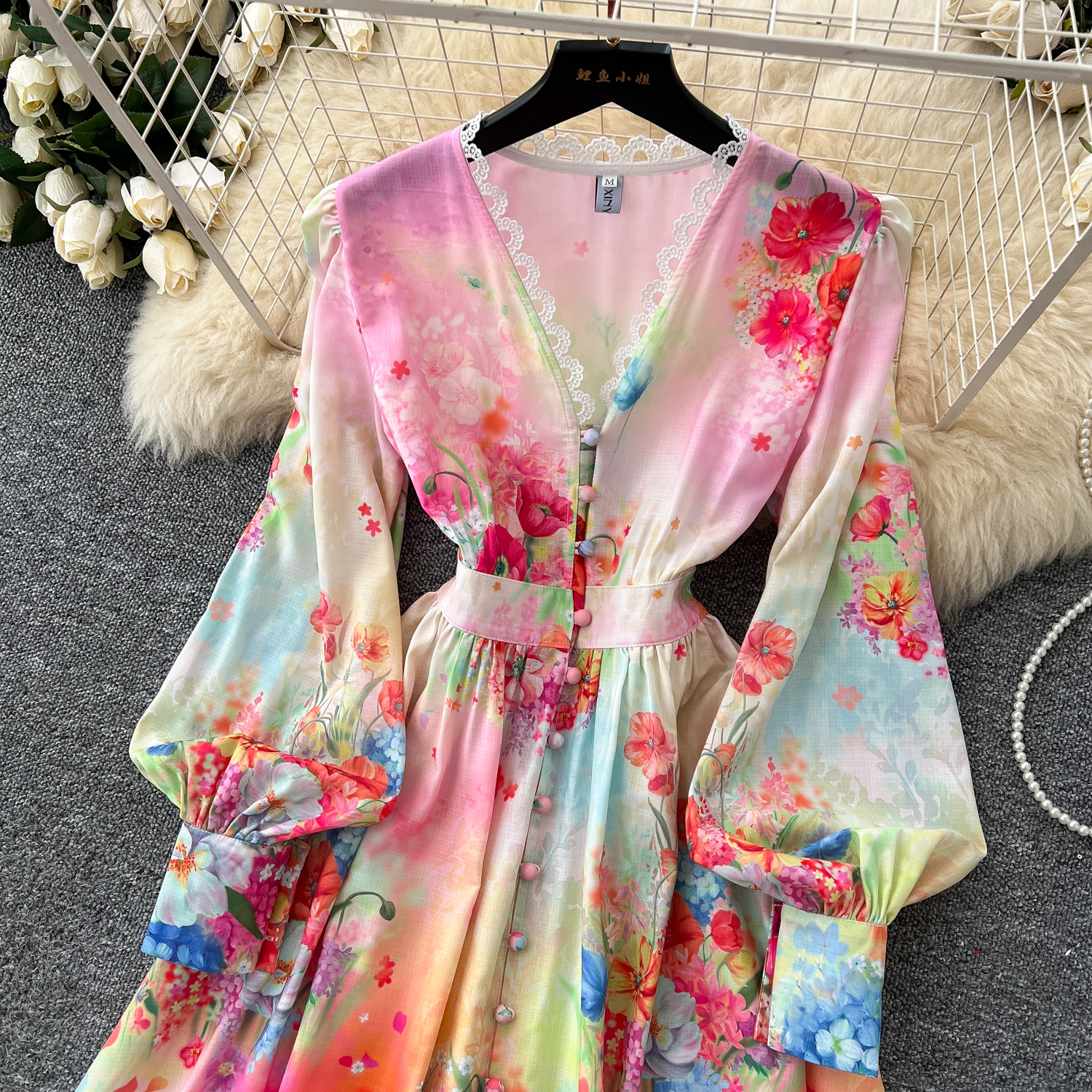 Casual Dresses 2025 Spring Summer Holiday Flower Robe Dress Women Lace Splicing V-Neck Long Lantern Sleeve Floral Print Maxi Vestidos Clothes