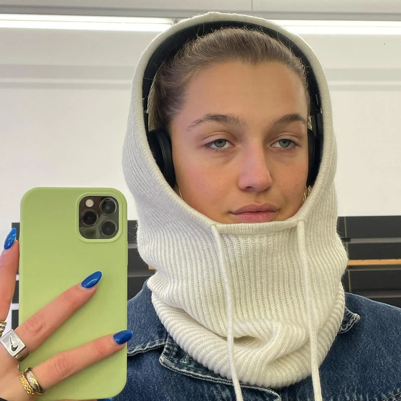 Women Windproof Hooded Scarf Hats Skullies Solid Color Knitted Pullover Drawstring Balaclava Winter Warm Hat Beanie Cap 241214