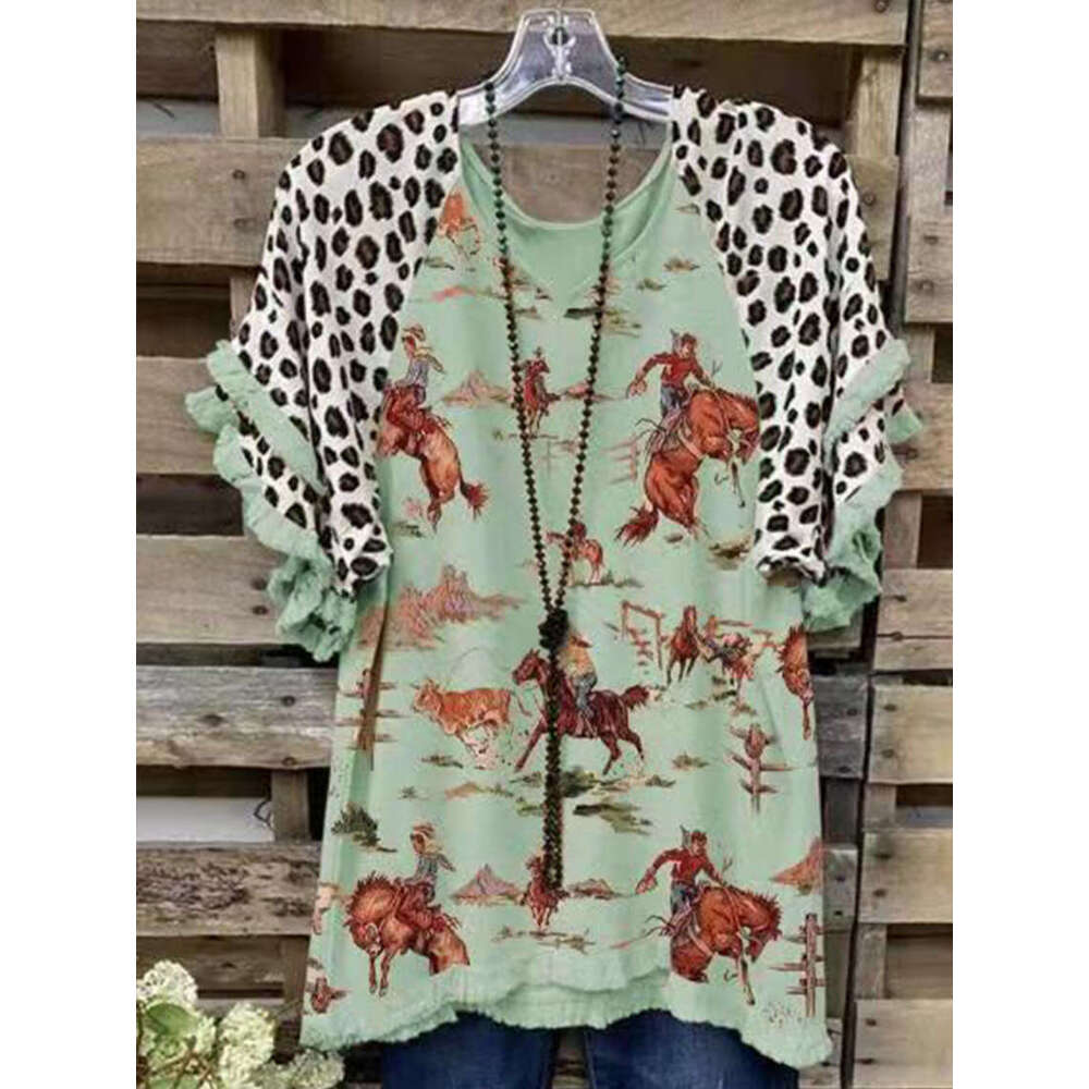 2021 summer pullover knitted commuter V-neck cotton short sleeved printed loose skin tone t-shirt 2024 new style chic and elegant clothing