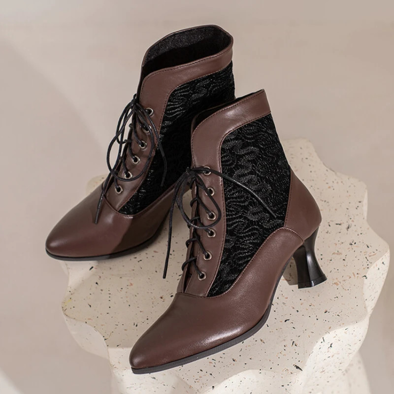 Womens Victorian Ankle Boots Leather Lace Heel Shoes Womens Fashion Lace Heel Splicing Womens High Heels 241213