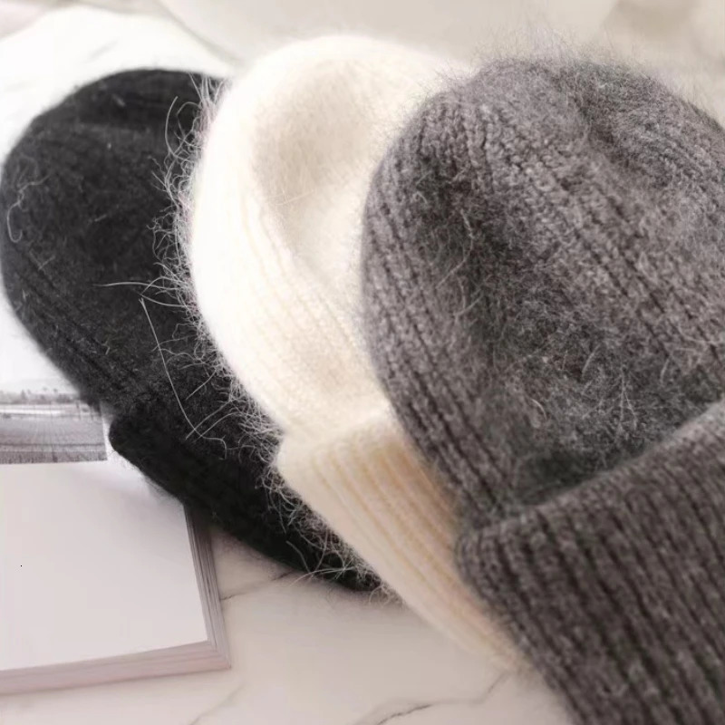 Fashion White Rabbit Fur Beanies Hat Womens Winter Soft Warm Knitted Hat Lady Korean High Quality Thicked Skullies Caps 241214