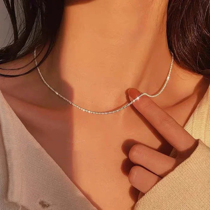 Real 925 Sterling Silver Shiny Geometric Chokers Necklaces for Women Trendy Fine Jewelry Minimalist Enchanting Accessories 241220