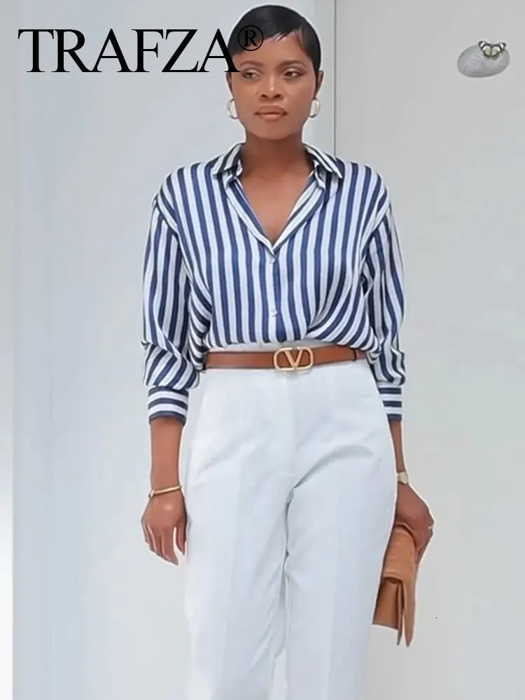 TRAFZA Women Stripe Long Sleeve Blouse Vintage Lady Top Y2K Loose Street Shirts Spring Fashion Button Up Satin Shirt 241218