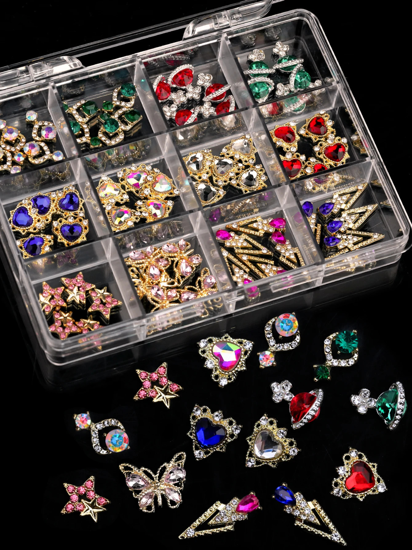 3D Nail Art Rhinestones 12Grids Metal Alloy AB Color Hearts Stars Butterfly Crowns Nail Charms DIY Manicure Decoration Accessori 241220
