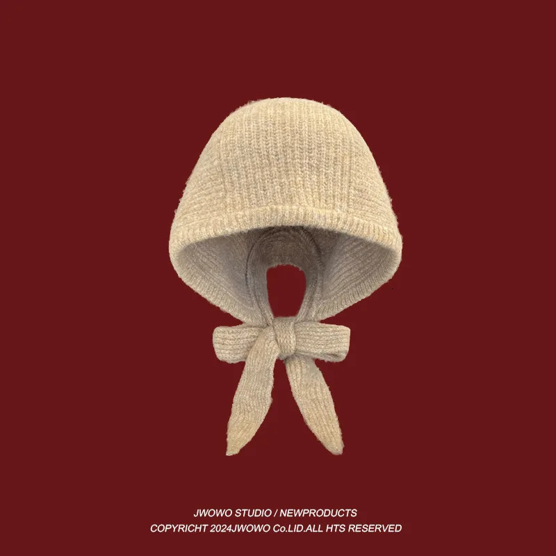 Red Wool Balaclava Knitted Beanies Hat For Women Winter Warm NeckScarf Hood Bib Hats Outdoor Coldproof Skullies Hat 241214