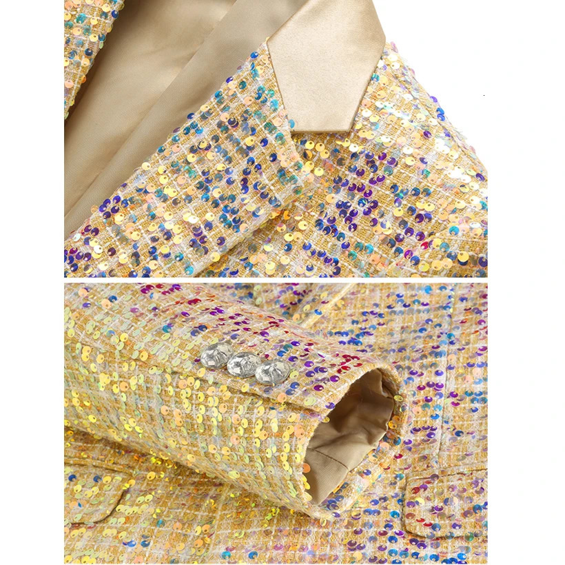 Sparkling Gold Sequins Mens Suit Two PieceWedding Party Dress Jacket and TrousersMens Stage Performance Sets Size M5XL 6XL 241218