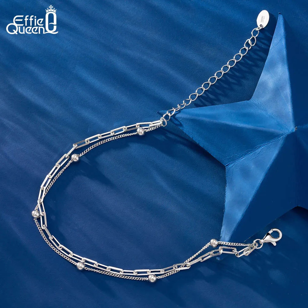 EFFIE QUEEN 14K Gold Dual Layers Paperclip Link Chain Bracelet 925 Sterling Silver Ball Decor Women Bracelets Jewelry Gift SB175 241214