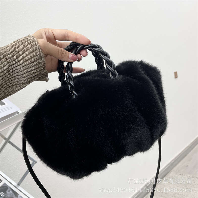 Autumn and Winter New Imitation Woolen Women's Pumpkin Drawstring Woven Rope Handbag Single Shoulder Crossbody Plush Bag