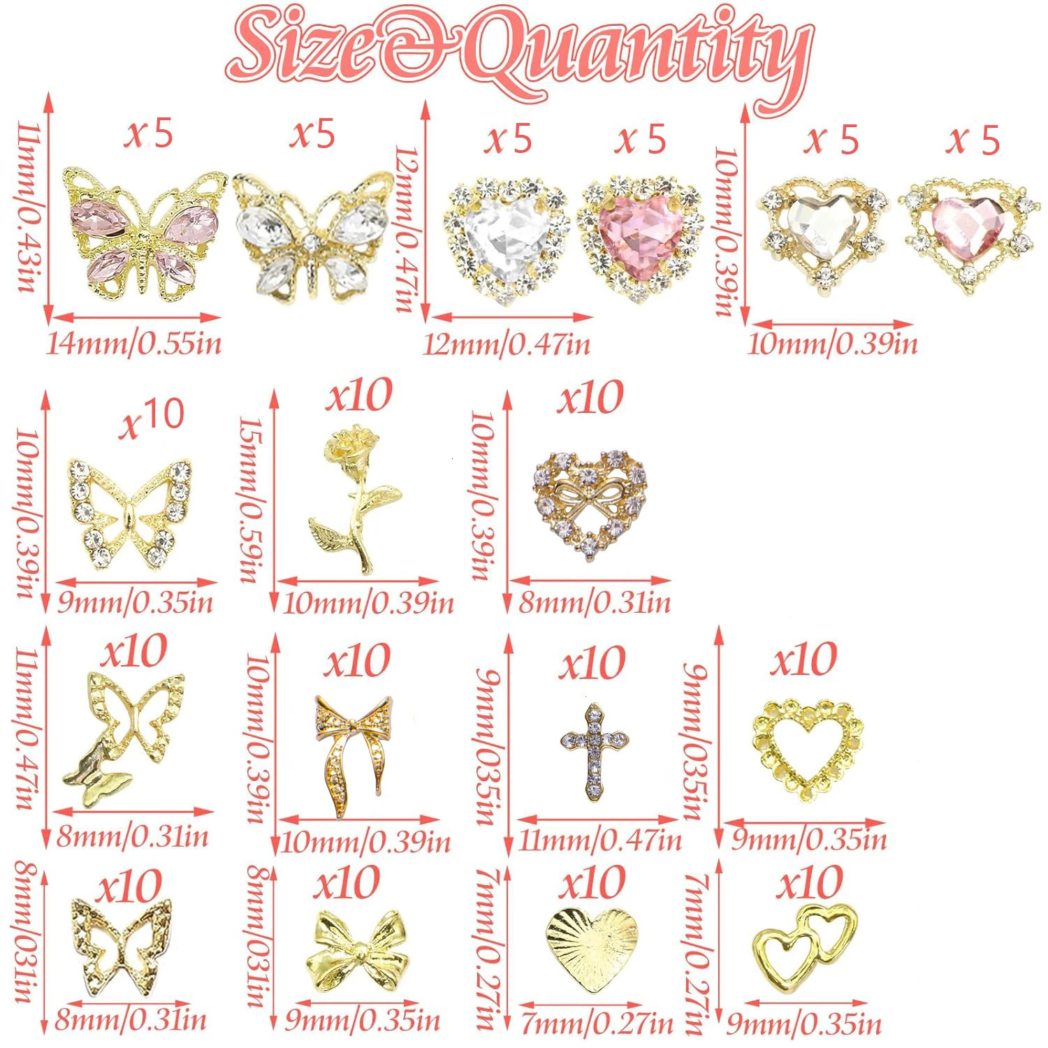 135PCS Gold Nail Charms 3D Butterfly Nail Gems Pink Crystal Heart Nail Art Jewelry Bow Charms for Acrylic Nails Glitter 241220