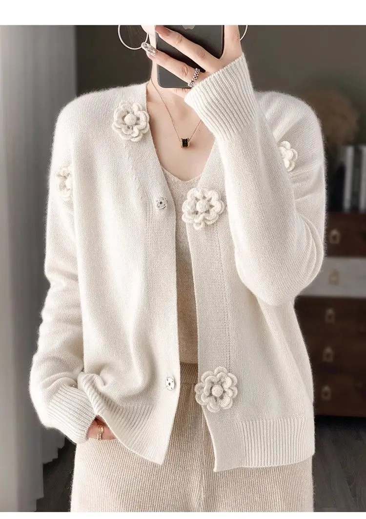 Autumn Winter Vneck Threedimensional Hook Flower Knitted Cardigan Womens Embroidered Sweater Jacket Loose Top 241220